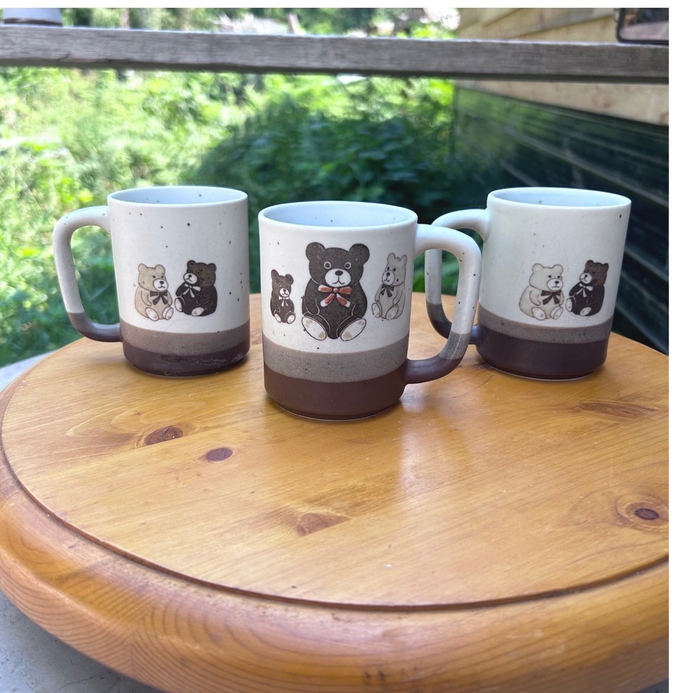 Vintage Teddy Bear Mugs Set of 3 Brown Gray 3D Embossed Stoneware Otagiri Japan